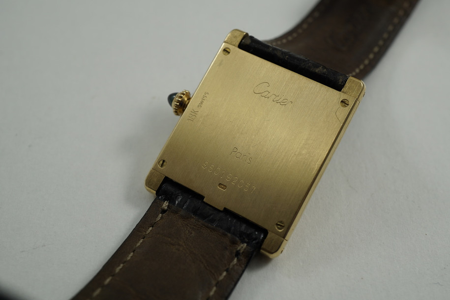 Cartier Tank classic thin 18k yellow gold square w/ 18k deployment c. 1990's for sale houston fabsuisse