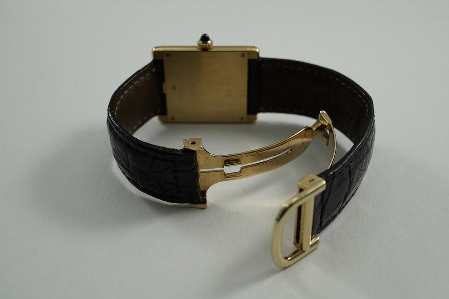 Cartier Tank classic thin 18k yellow gold square w/ 18k deployment c. 1990's for sale houston fabsuisse