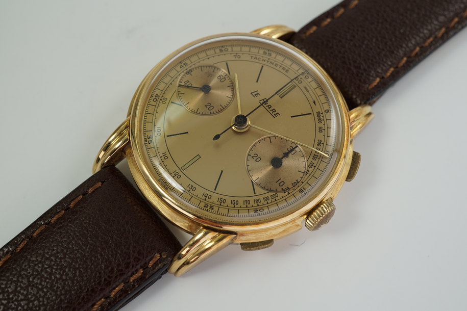 Le Phare Chronograph 18k yelllow gold fabulous original dial steeped case c. 1940's vintage pre owned for sale houston fabsuisse