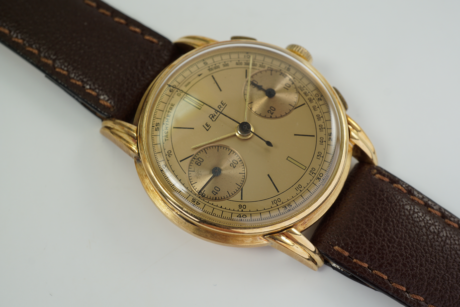 Le Phare Chronograph 18k yelllow gold fabulous original dial steeped case c. 1940's vintage pre owned for sale houston fabsuisse