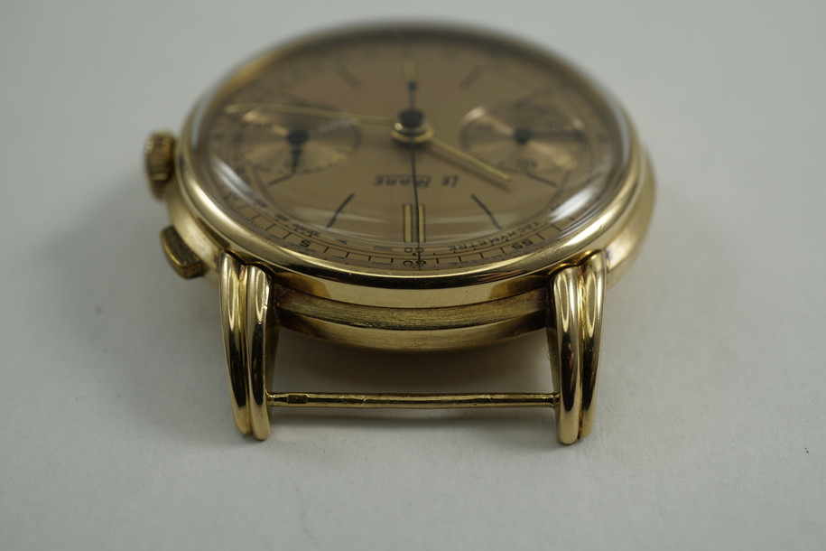 Le Phare Chronograph 18k yelllow gold fabulous original dial steeped case c. 1940's vintage pre owned for sale houston fabsuisse