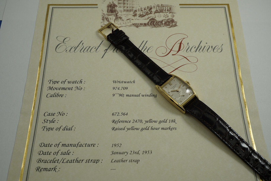 Patek Philippe 2470 Tonneau 18k yellow gold rare Gubelin w/ archive C.1952 vintage pre owned for sale houston fabsuisse