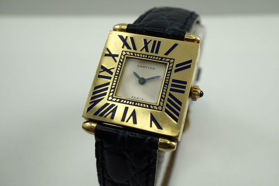 Cartier Quadrant Grand Modele 18k yellow gold square enamel w/ box c. 1980's vintage pre owned for sale by fabsuisse