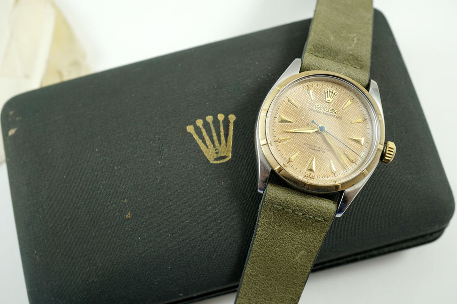 Rolex 6285 steel & 14k yellow gold Oyster Perpetual box, guarantee Chronometer papers 1955 vintage pre owned for sale hosuton fabsuisse