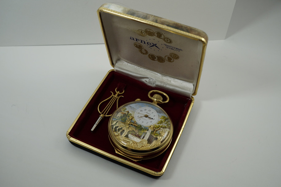 
Arnex Reuge Swiss musical pocket watch original key and box work vintage original for sale houston fabsuisse
 
