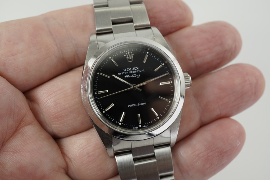 Rolex 14000 Air King black dial stainless steel with halogram c. 1999 automatic for sale houston fabsuisse