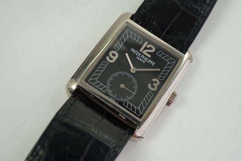 Patek Philippe 5014 Gondolo 18k white gold black dial, Arabic dates 1990's for sale pre owned houston fabsuisse