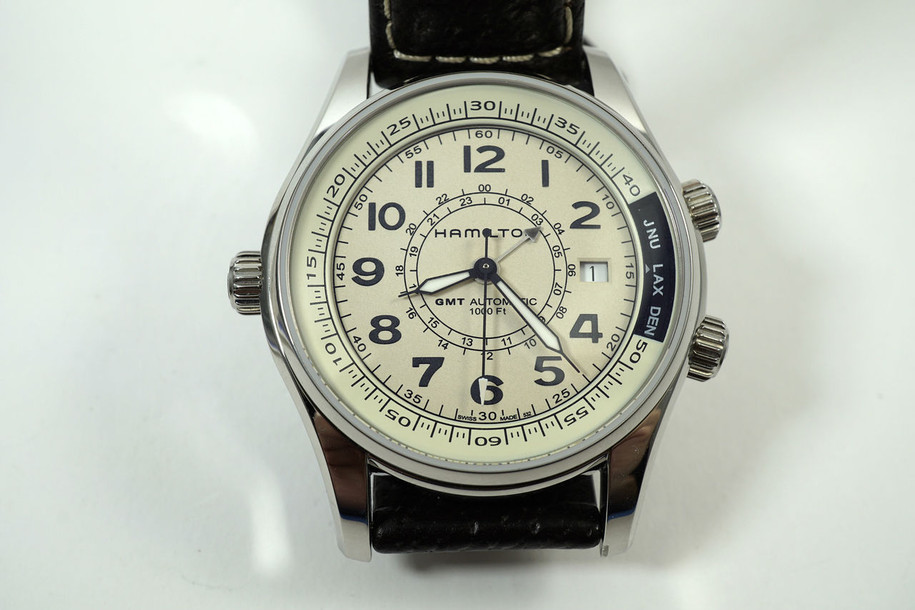 Hamilton H 77 525 553 GMT Khaki Navy UTC steel w/ books & box mint c. 2014