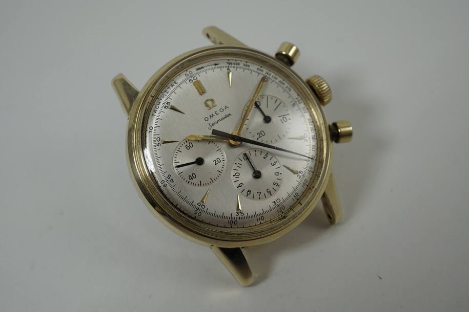 Omega 2884 Seamaster Chronograph solid 14k yellow gold cal. 321 dates 1956 for sale houston fabsuisse