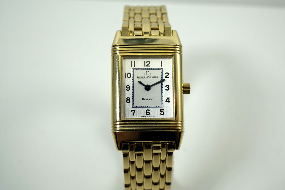 Jaeger LeCoultre 260.1.08 Reverso ladies 18k yelllow gold bracelet watch w/ box c. 2000's pre owned for sale houston fabsuisse