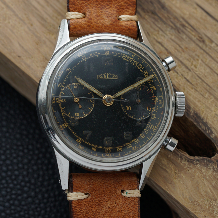 Angelus Chronograph vintage black gilt dial cal. 215 stainless steel 1950s  fabsuisse