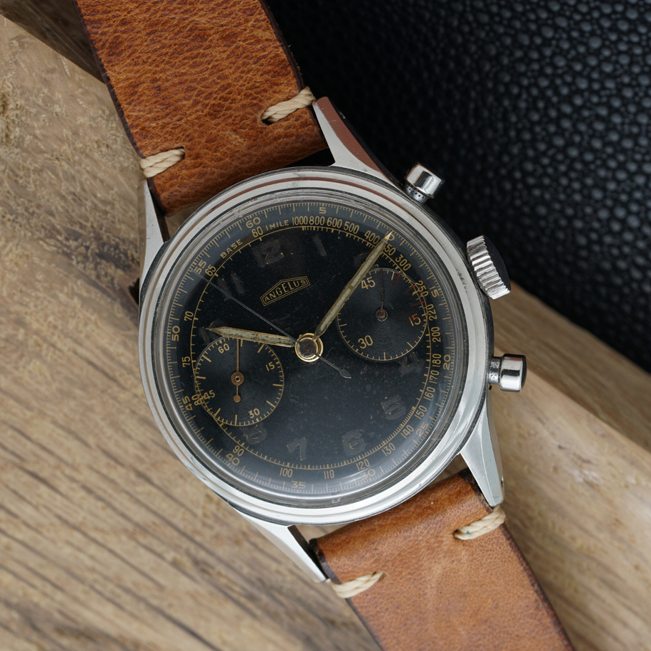 Angelus Chronograph vintage black gilt dial cal. 215 stainless steel 1950s  fabsuisse