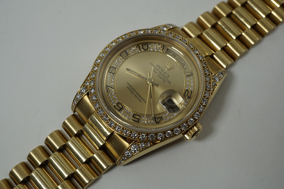 Rolex 18388 Day Date Factory diamond lugs, bezel & dial dates 1990 18k yellow gold for sale houston fabsuisse