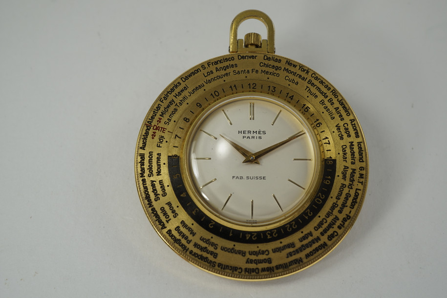 Hermes Paris World Time Pocket Watch Luxor c. 1960's gold plated vintage rotating bezel pre owend for sale houston fabsuisse