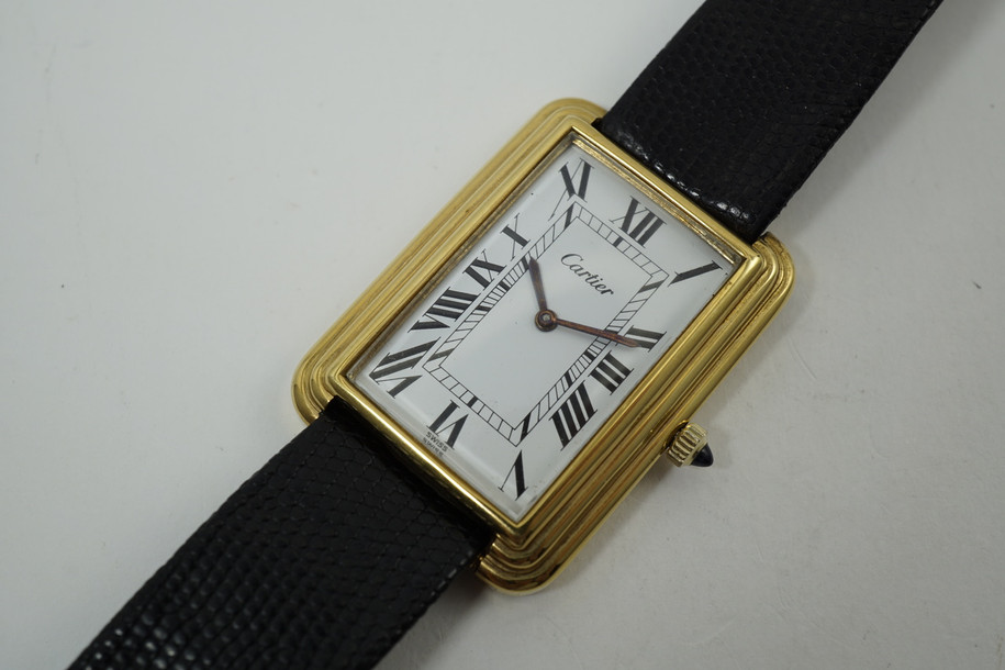 Cartier stepped case large rectangle (20 microns) gold plated dates 1970's pre owned for sale houston fabsuisse