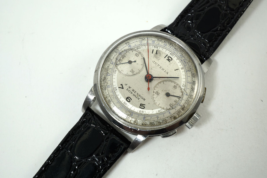 Juvenia Chronograph vintage stainless steel J.W. Benson London 1940's pre owned for sale houston fabsuisse