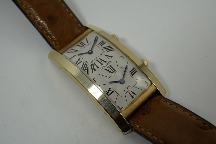 Cartier A106139 Tank Cintree Two Time Zone Watch 18k yellow gold dates 1990 pre owned for sale houston fabsuisse