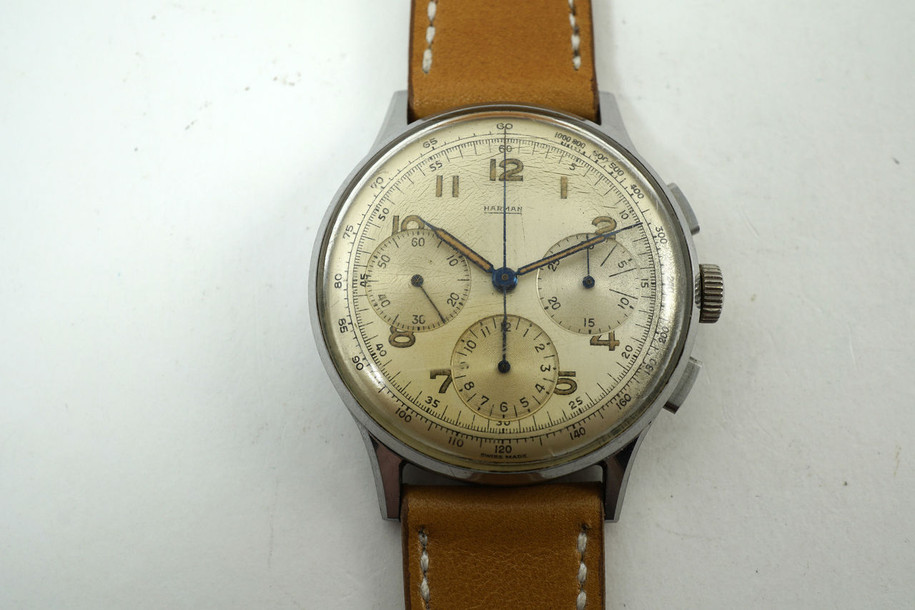 Harman Watch Co. 734 Chronograph venus movement stainless steel c. 1940's vintage for sale houston fabsuisse