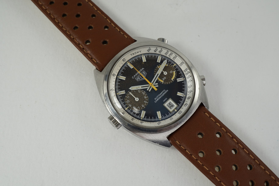 vintage heuer carrera reference 1153 chronograph automatic houston fabsuisse for sale pre owned stainless steel tropical dial 1970's fabsuisse