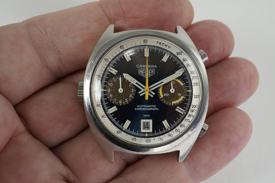 vintage heuer carrera reference 1153 chronograph automatic houston fabsuisse for sale pre owned stainless steel tropical dial 1970's fabsuisse