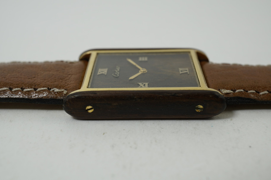 Cartier Tank exoctic wood dial vintage 18k yellow gold electroplate 1970's original pre owned for sale houston fabsuisse