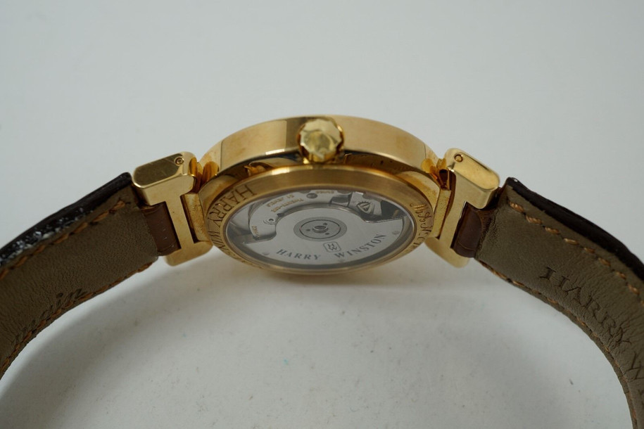 Harry Winston Premier Automatic Date 18k w/ factory yellow gold deployment c. 2010 all original pre owned for sale houston fabsuisse