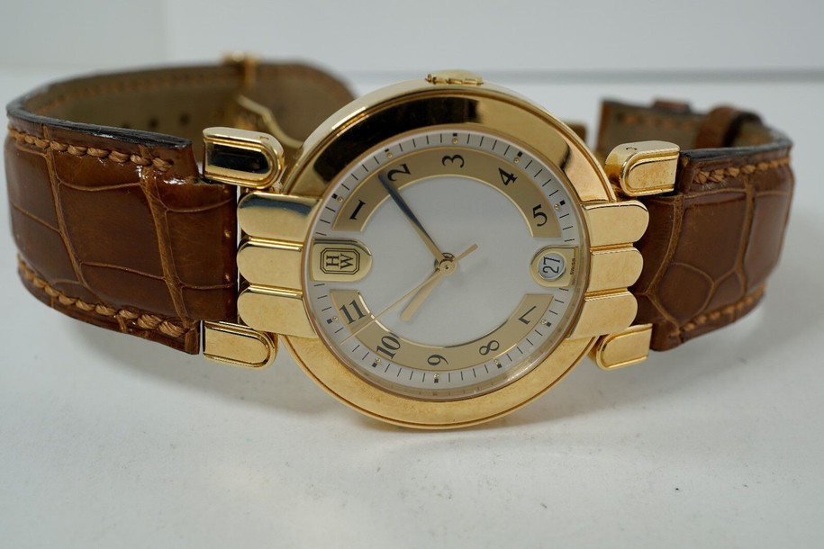 Harry Winston Premier Automatic Date 18k w/ factory yellow gold deployment c. 2010 all original pre owned for sale houston fabsuisseHarry Winston Premier Automatic Date 18k w/ factory yellow gold deployment c. 2010 all original pre owned for sale houston fabsuisse