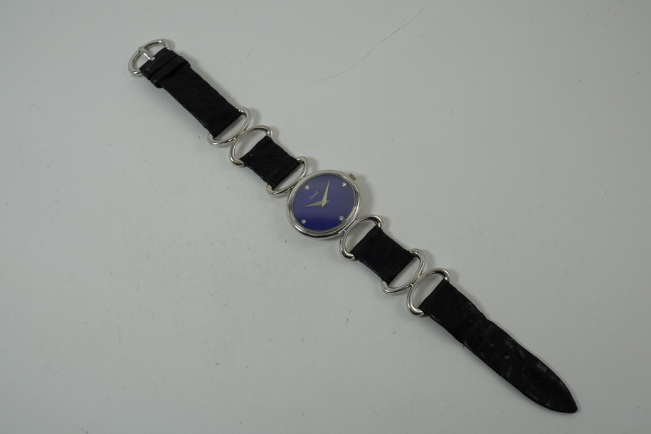 Piaget Ladies Watch 18k white gold Lapis & diamond dial all original #9212 rare model 1960-70's all signed really good condition pre owned for sale houston fabsuisse