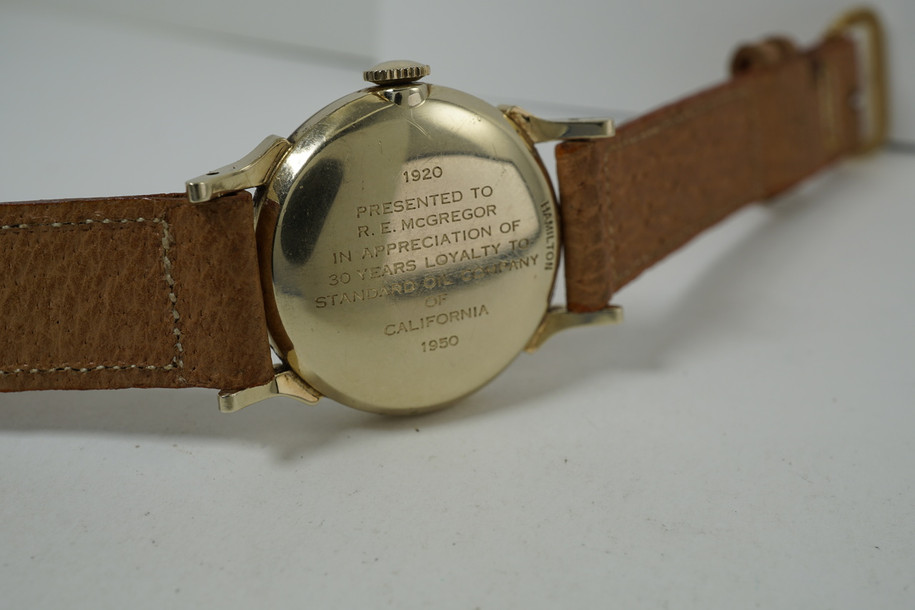 Hamilton Standard Oil Award Watch 14k Yellow gold with sweep second c. 1950's pre owned for sale houston fabsuisse