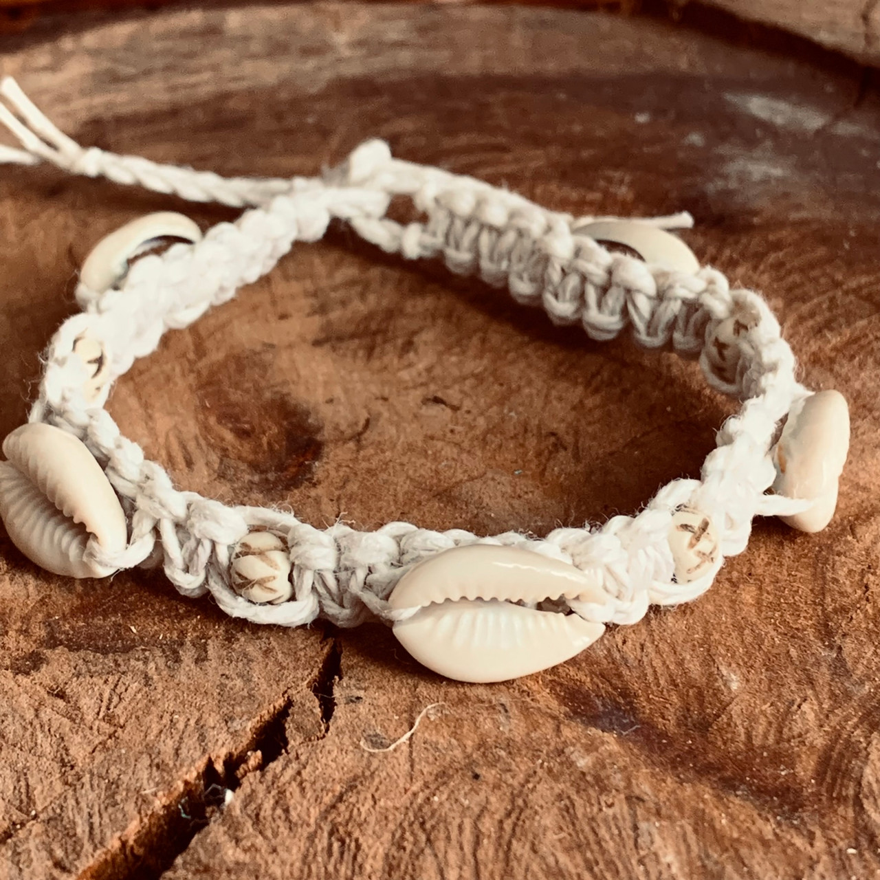 Handcrafted Custom Cowrie Shell & Bone Bead Hemp Bracelet/Anklet