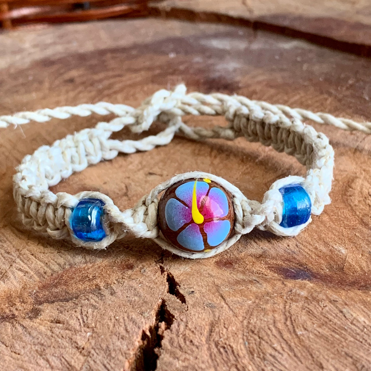 Handmade Hemp Bracelet/Anklet: Hand-Painted Blue Hawaiian Hibiscus