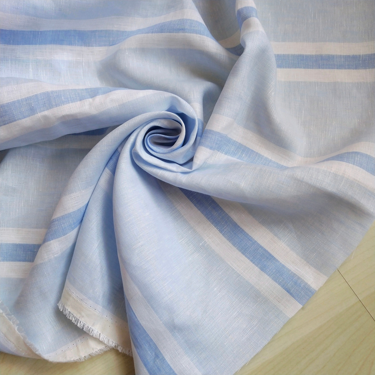 137gsm pale blue stripe linen, by metre - WiththeWeave