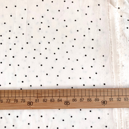 139gsm ivory polka dot rayon challis, by metre