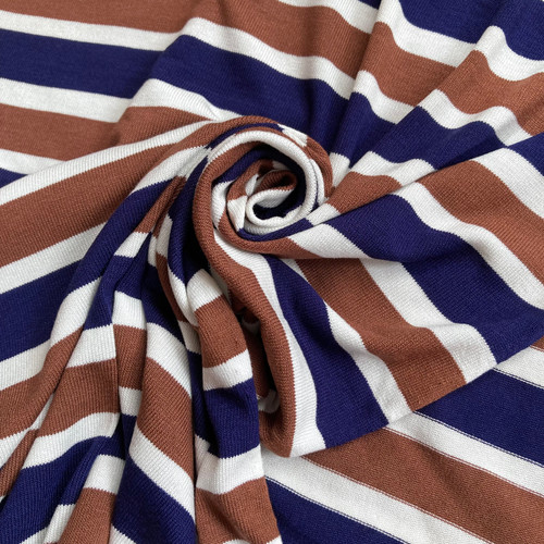 Rayon linen stretch jersey navy brown stripe 203gsm, by metre