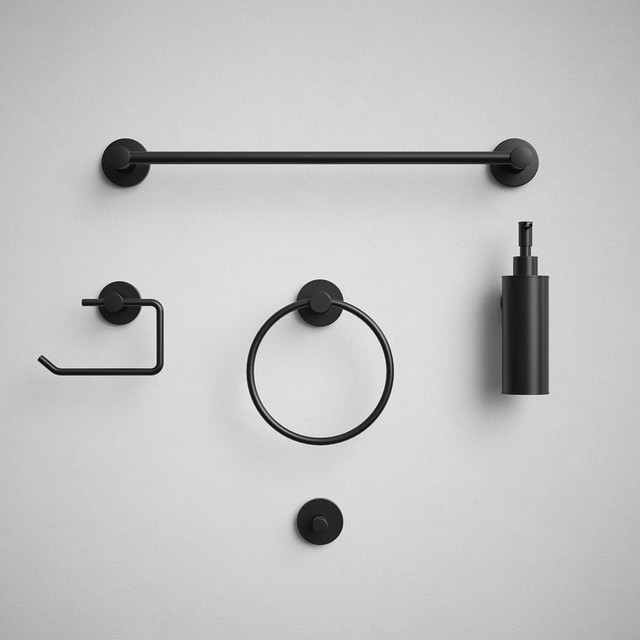 Matt Black Bathroom Accessories Set Round Base - 5 Piece