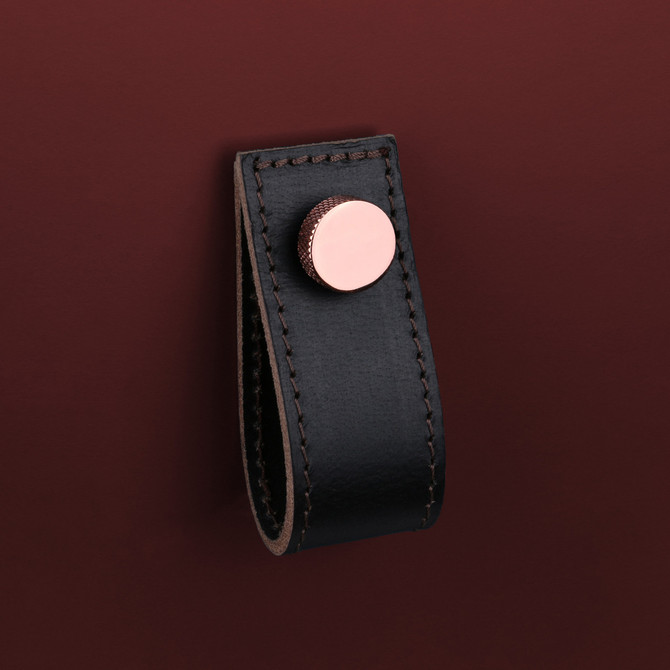 Black Leather Handle With Knurling Fixing - Polished Copper