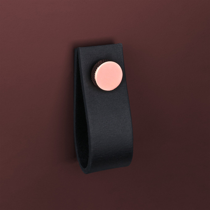 Black Leather Pull  With Knurling Fixing - Polished Copper