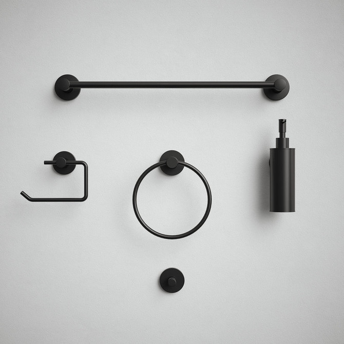 Matt Black Bathroom Accessories Set Round Base - 5 Piece