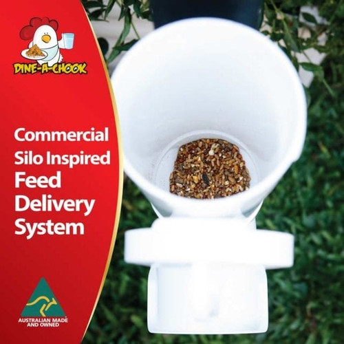 Silo-inspired feeding bay design automatically refills and is suitable for most commercial chicken feed. Prevents spills, waste and mess. Dine a Chook Large Chicken Feeder. Silo-inspired feeding bay design automatically refills and is suitable for most commercial chicken feed. Prevents spills, waste and mess. Dine a Chook Large Chicken Feeder.