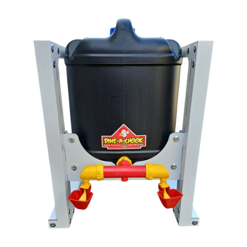 Full chicken waterer system with drum, twin cups, and stand assembled Full chicken waterer system with drum, twin cups, and stand assembled