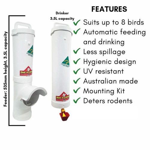 Dine a Chook Chicken Feeder and Drinker Kit features. Dine a Chook Chicken Feeder and Drinker Kit features.