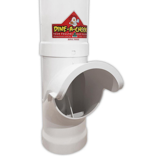 Dine a Chook Large Chicken Feeders feature a rain cover and gutter system and a waste-reducing feeding bay with interior anti-thrash paddles. Dine a Chook Large Chicken Feeders feature a rain cover and gutter system and a waste-reducing feeding bay with interior anti-thrash paddles.