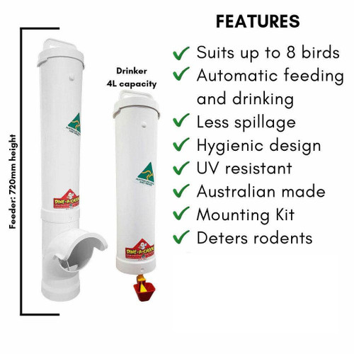 Features of the Dine a Chook Large Chicken Feeder and Drinker Set include a hygienic design, Australian manufacturing and UV resistance. Features of the Dine a Chook Large Chicken Feeder and Drinker Set include a hygienic design, Australian manufacturing and UV resistance.