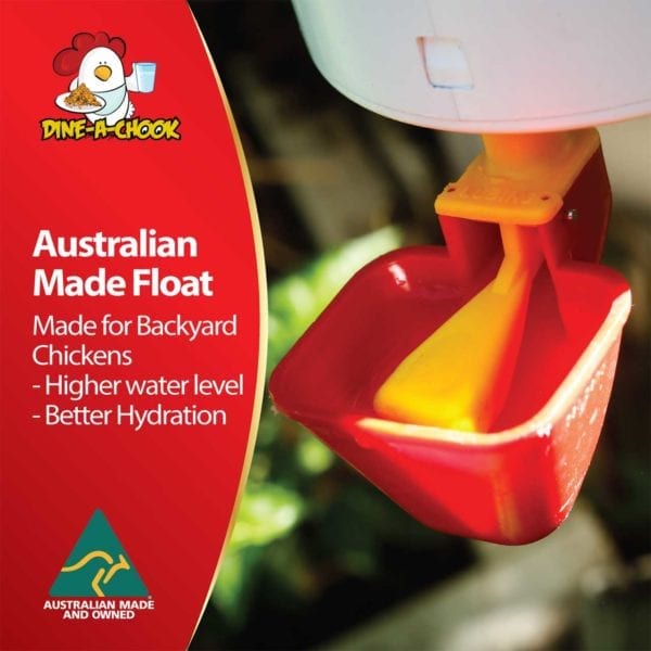 The Dine a Chook Large Chicken Feeder and Drinker Set comes with a genuine Lubing Drinker Cup and an Australian-made upgraded float for automatic refilling.