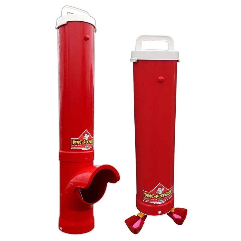 The Big Red Chicken Feeder and Twin Cup Drinker Set from Dine-A-Chook Australia saves money and reduces mess in the chicken coop.