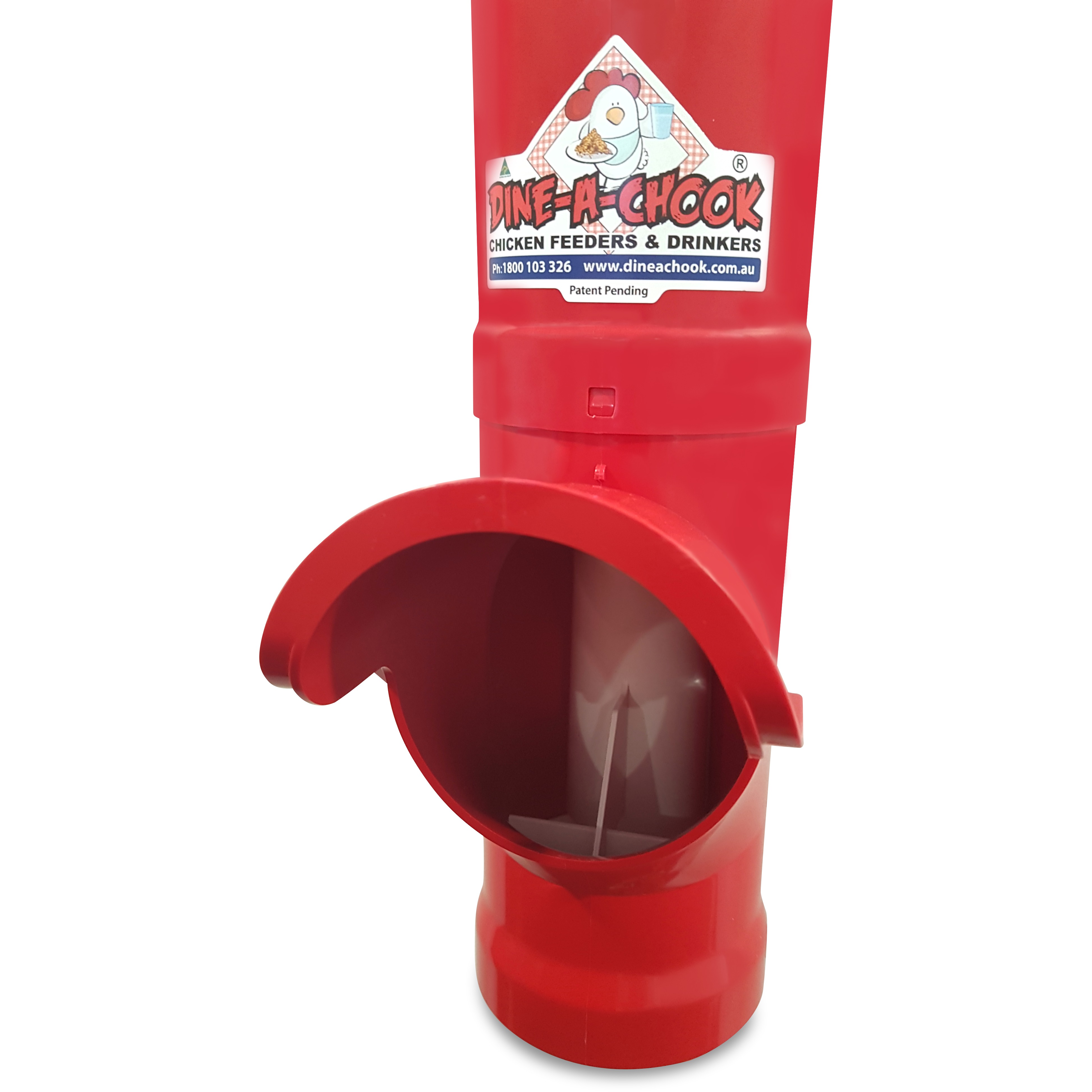 Close-up of patented Dine-A-Chook feeding bay – rain hood and anti-waste paddles for backyard chickens