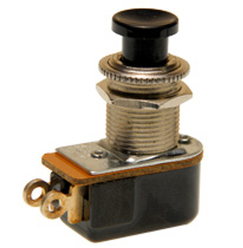 push button switch, momentary off, on, solder terminals, black button, Carling, P27L-BL,1157-d,80541