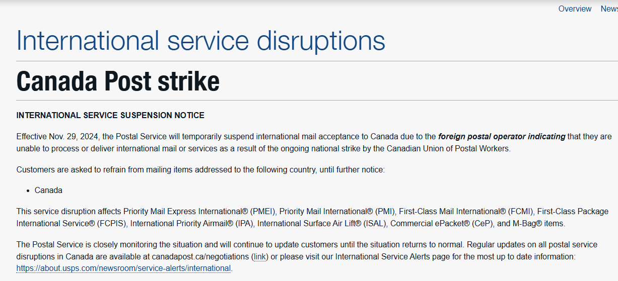  ***Effective Nov. 29, international mail service to Canada is temporarily suspended***