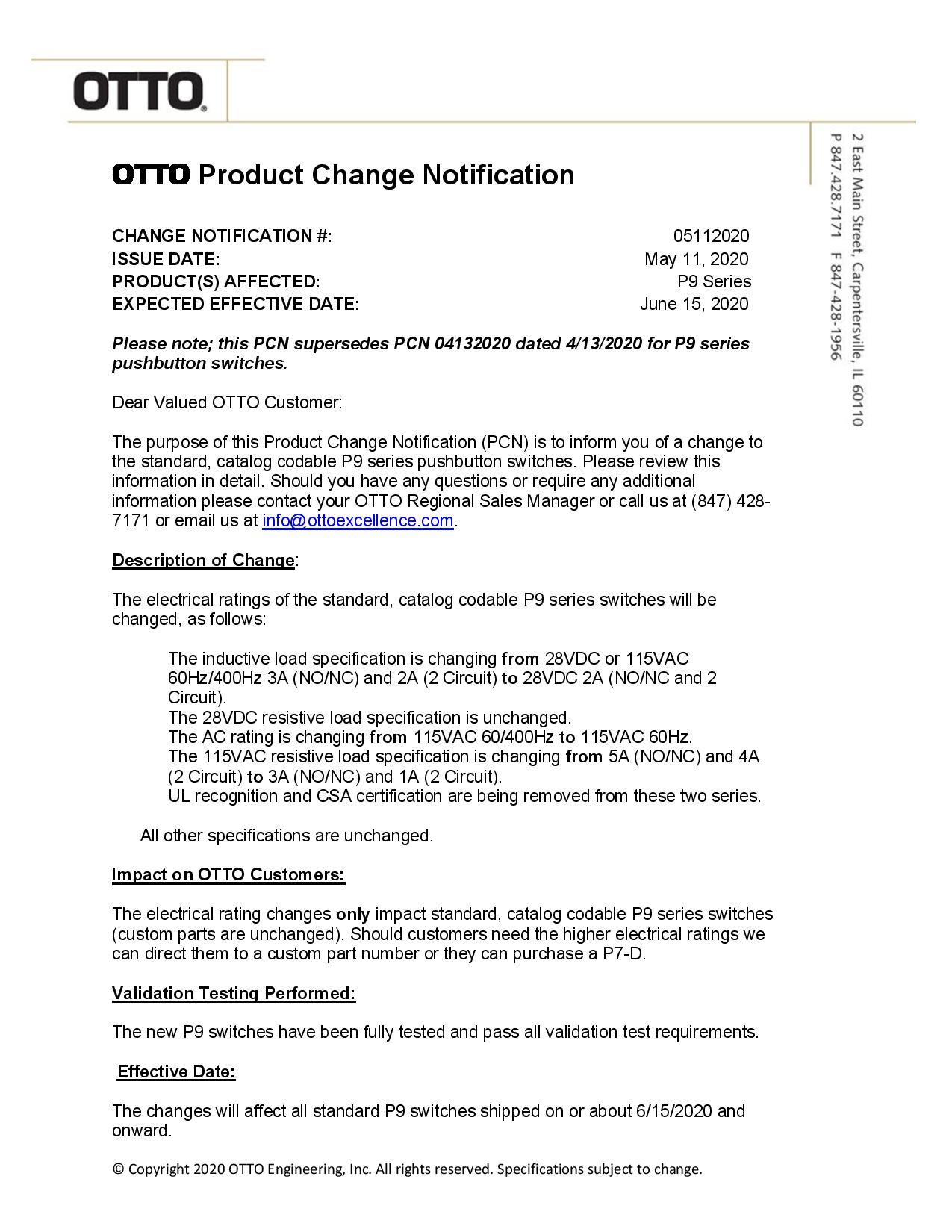 Otto P9 Product Change Notification - Spemco Switches