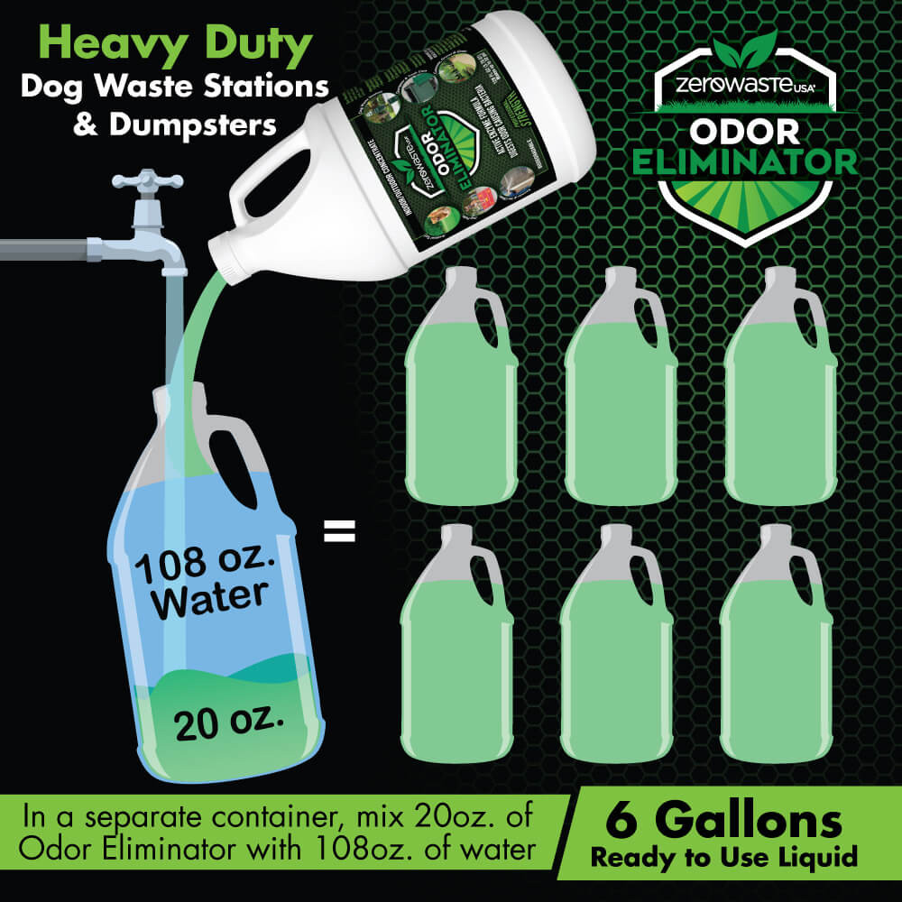 Mix 108 oz. of water with 20 oz. of Zero Waste USA® Odor Eliminator for heavy duty applications.  Cost per ready to use liquid is less than $11 a gallon.